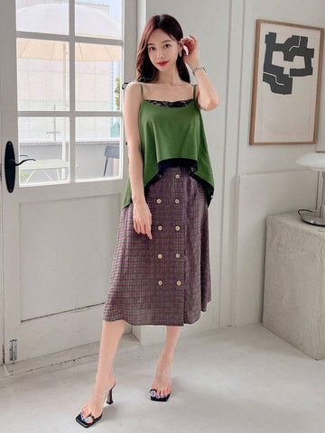 Solid Cami Top & Plaid Print Double Breasted Skirt