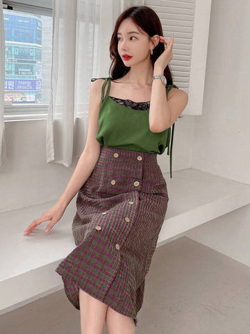 Solid Cami Top & Plaid Print Double Breasted Skirt