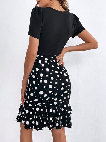 Puff Sleeve Tee & Polka Dot Print Ruffle Hem Skirt