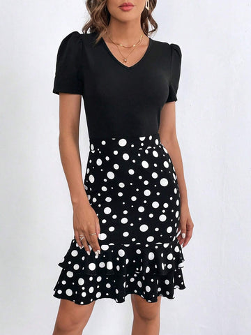 Puff Sleeve Tee & Polka Dot Print Ruffle Hem Skirt
