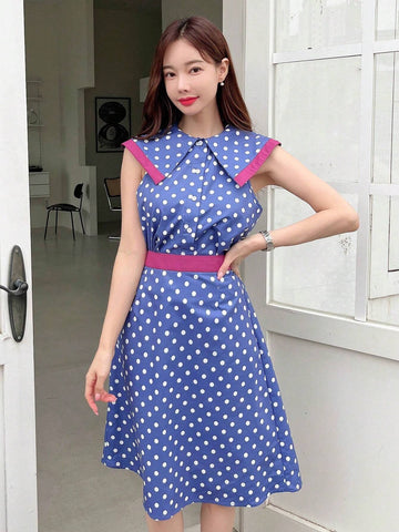 Polka Dot Print Sailor Collar Top & Skirt
