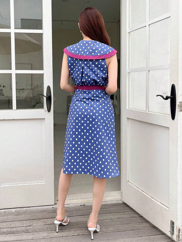 Polka Dot Print Sailor Collar Top & Skirt