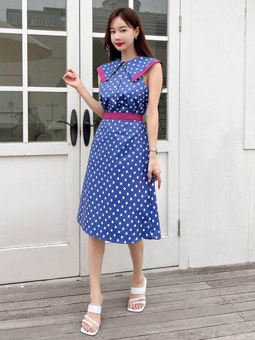Polka Dot Print Sailor Collar Top & Skirt