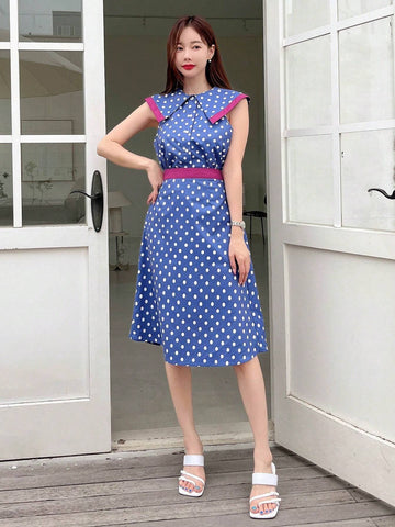Polka Dot Print Sailor Collar Top & Skirt