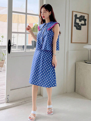 Polka Dot Print Sailor Collar Top & Skirt