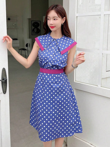 Polka Dot Print Sailor Collar Top & Skirt