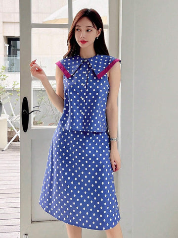 Polka Dot Print Sailor Collar Top & Skirt