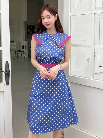 Polka Dot Print Sailor Collar Top & Skirt