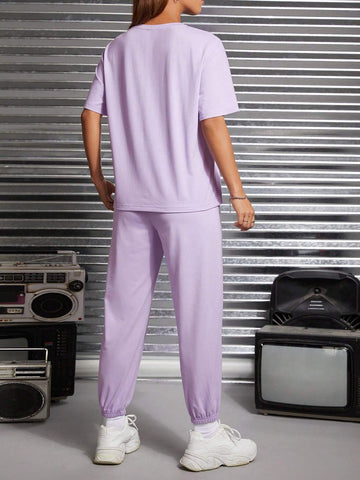 Slogan Graphic Drop Shoulder Tee & Sweatpants