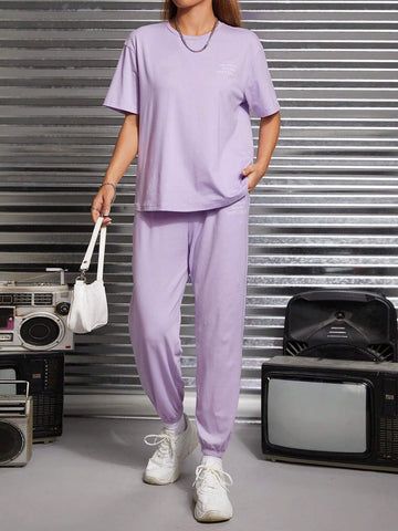 Slogan Graphic Drop Shoulder Tee & Sweatpants