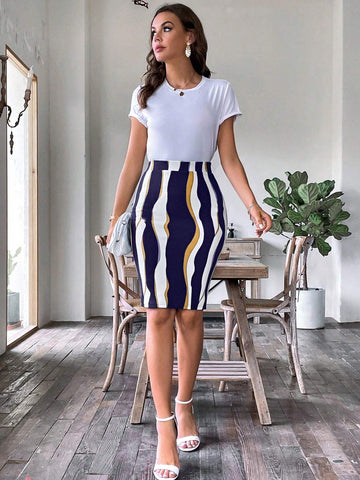 Wave Striped Print Pencil Skirt