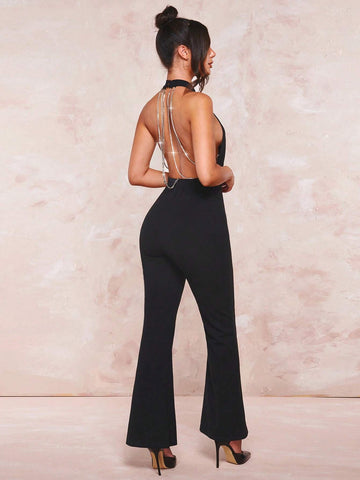 Chain Detail Backless Flare Leg Jumpsuit