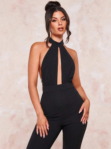 Chain Detail Backless Flare Leg Jumpsuit