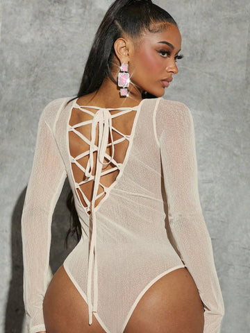 Lace Up Backless Slim Fit Mesh Bodysuit