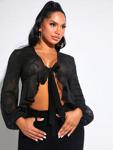 Tie Front Lantern Sleeve Crop Top