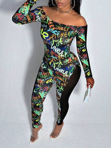 Graffiti Print Off Shoulder Mesh Insert Unitard Jumpsuit