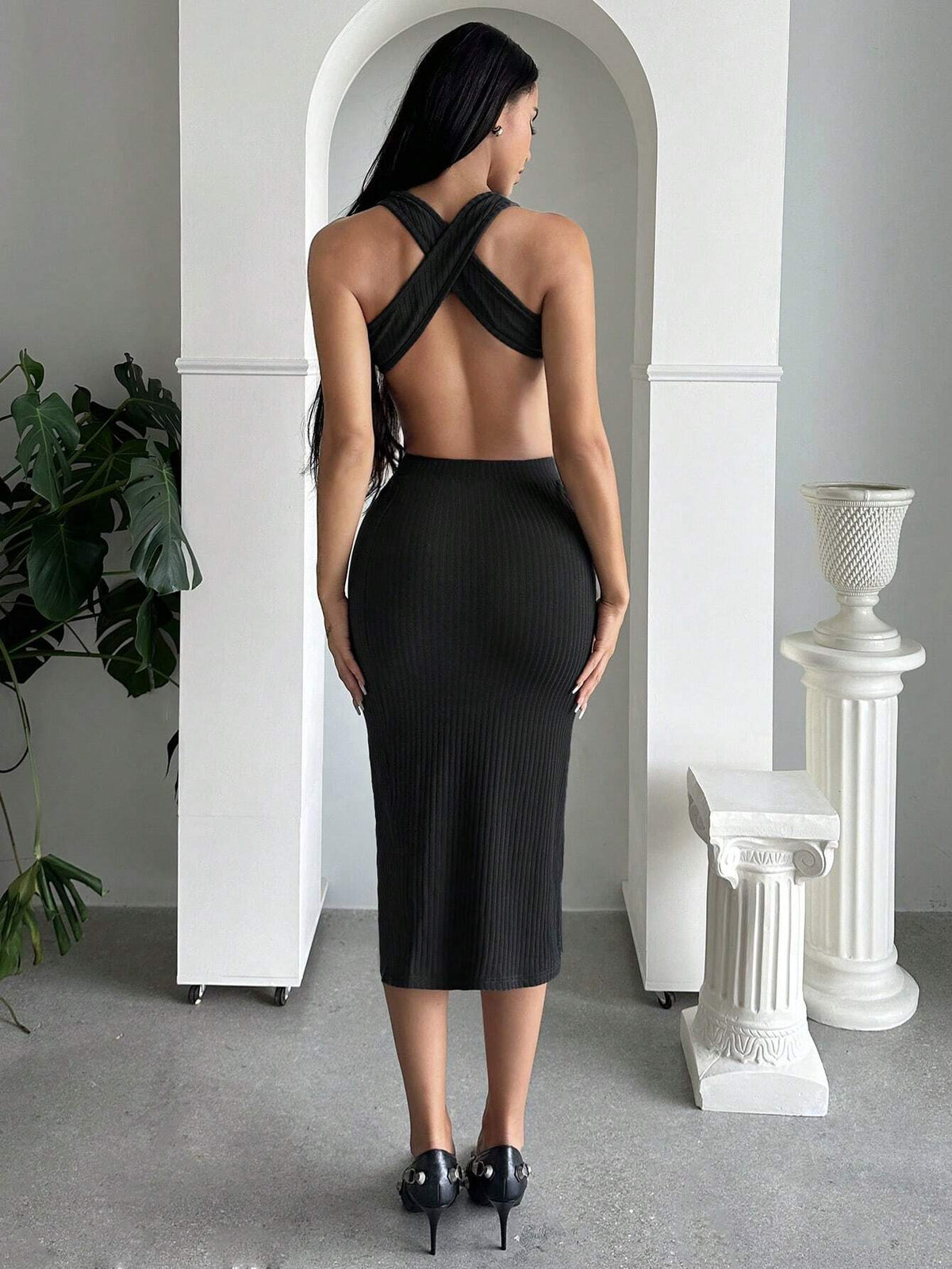 Crisscross Backless Halter Top & Split Thigh Skirt