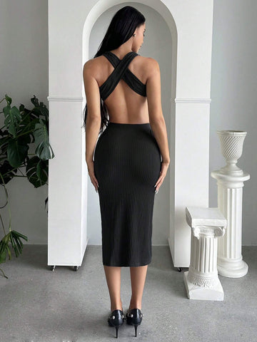 Crisscross Backless Halter Top & Split Thigh Skirt