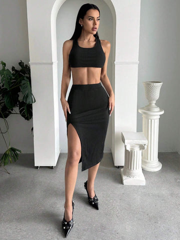 Crisscross Backless Halter Top & Split Thigh Skirt
