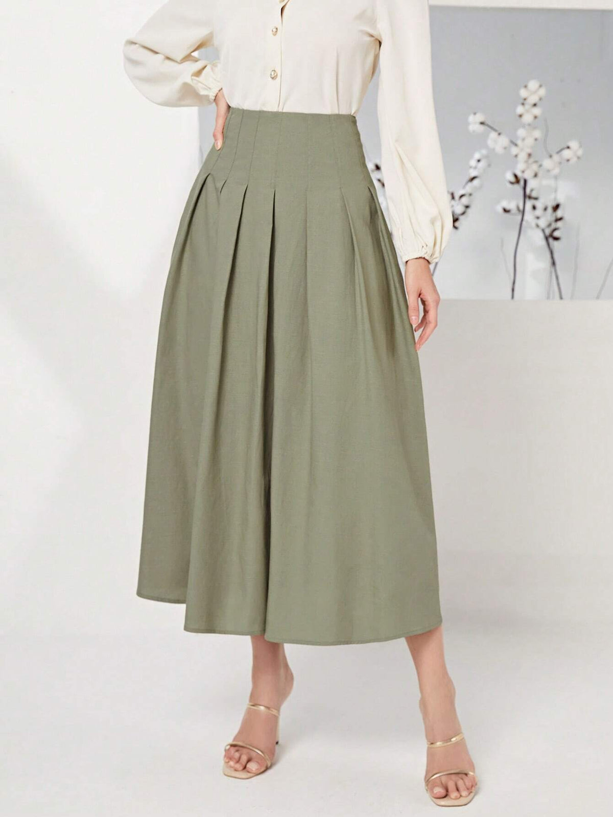 Modely Cotton Solid High Waist Fold Pleated Detail Skirt