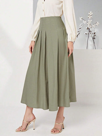 Modely Cotton Solid High Waist Fold Pleated Detail Skirt