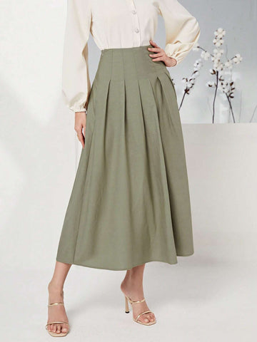 Modely Cotton Solid High Waist Fold Pleated Detail Skirt
