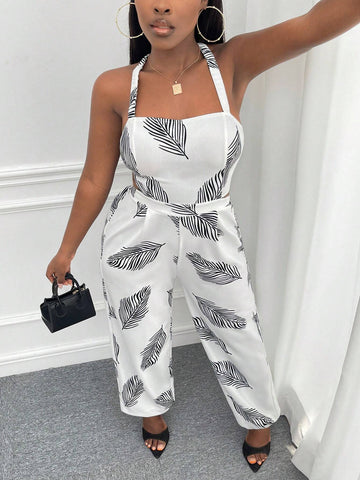 Leaf Print Tie Backless Cami Jumpsuit