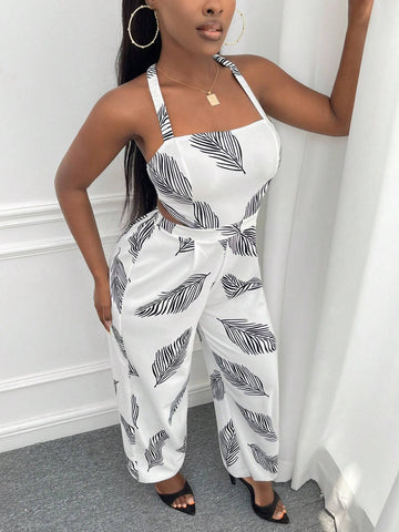 Leaf Print Tie Backless Cami Jumpsuit