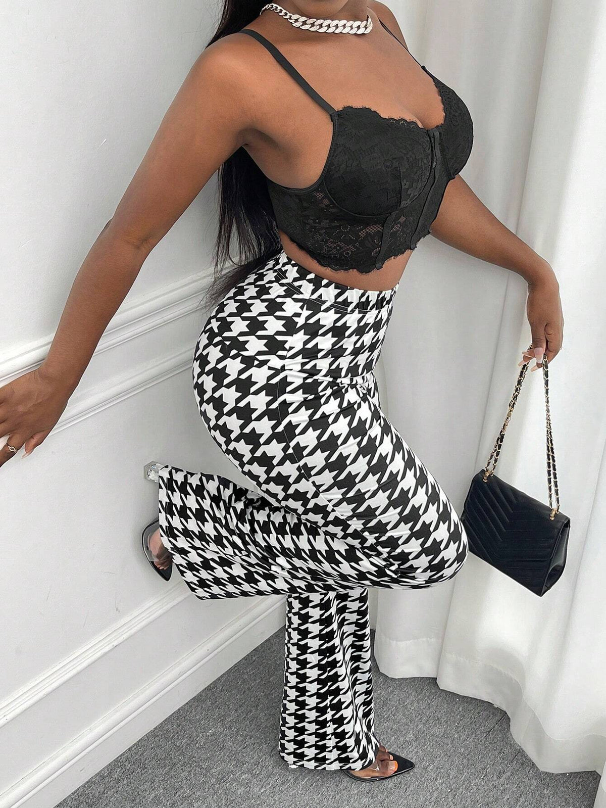 Houndstooth Print Flare Leg Pants