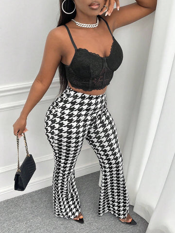 Houndstooth Print Flare Leg Pants