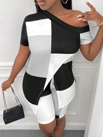 Colorblock Asymmetrical Neck Split Hem Tee & Biker Shorts