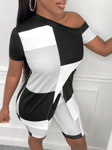 Colorblock Asymmetrical Neck Split Hem Tee & Biker Shorts