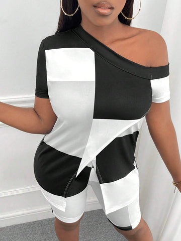 Colorblock Asymmetrical Neck Split Hem Tee & Biker Shorts