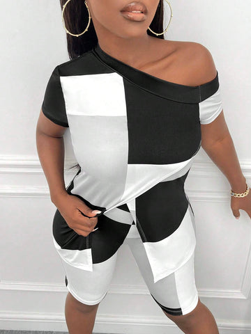 Colorblock Asymmetrical Neck Split Hem Tee & Biker Shorts