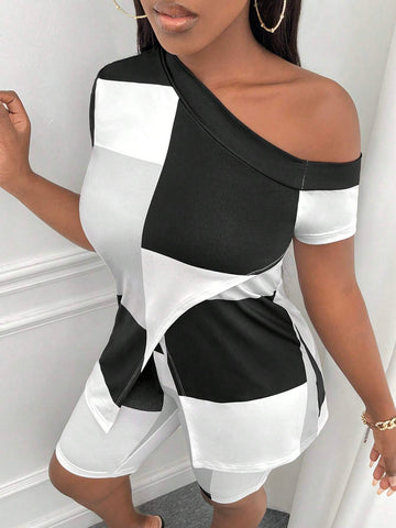 Colorblock Asymmetrical Neck Split Hem Tee & Biker Shorts