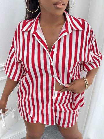 Striped Print Drop Shoulder Shirt & Shorts