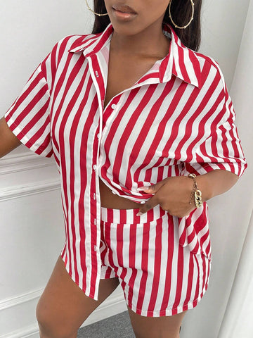 Striped Print Drop Shoulder Shirt & Shorts