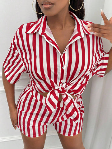 Striped Print Drop Shoulder Shirt & Shorts