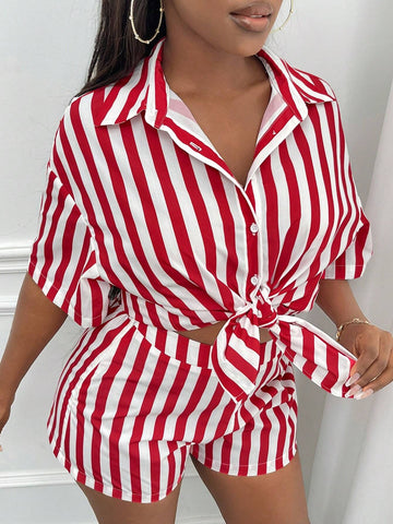 Striped Print Drop Shoulder Shirt & Shorts