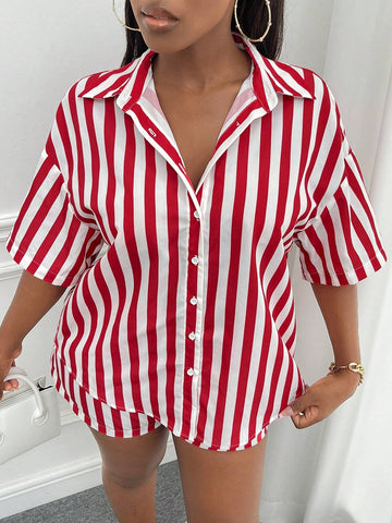 Striped Print Drop Shoulder Shirt & Shorts