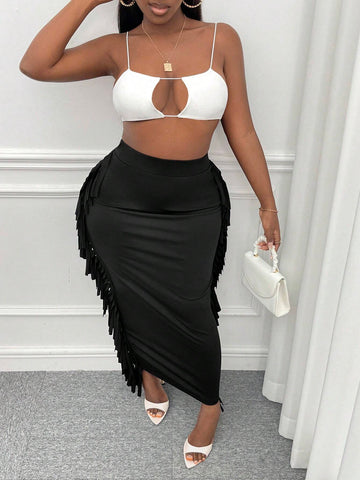 Fringe Trim Solid Skirt