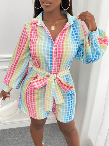 Ombre and Plaid Print Belted Shirt Romper