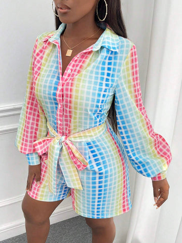 Ombre and Plaid Print Belted Shirt Romper