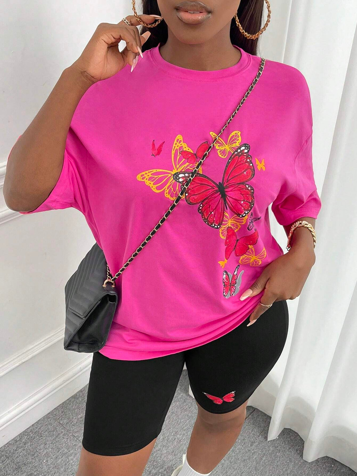 Butterfly Print Drop Shoulder Tee & Biker Shorts