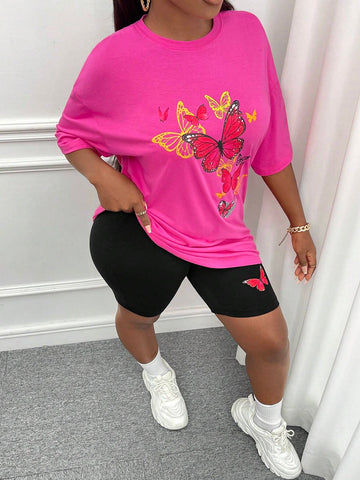 Butterfly Print Drop Shoulder Tee & Biker Shorts