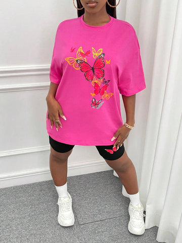 Butterfly Print Drop Shoulder Tee & Biker Shorts