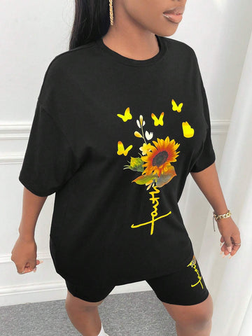 Butterfly & Floral Print Drop Shoulder Tee & Biker Shorts