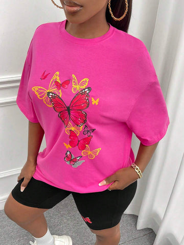 Butterfly Print Drop Shoulder Tee & Biker Shorts