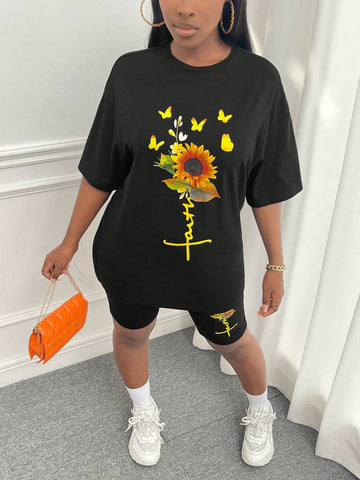 Butterfly & Floral Print Drop Shoulder Tee & Biker Shorts