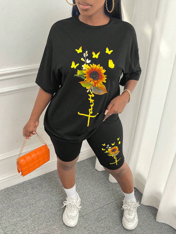 Butterfly & Floral Print Drop Shoulder Tee & Biker Shorts